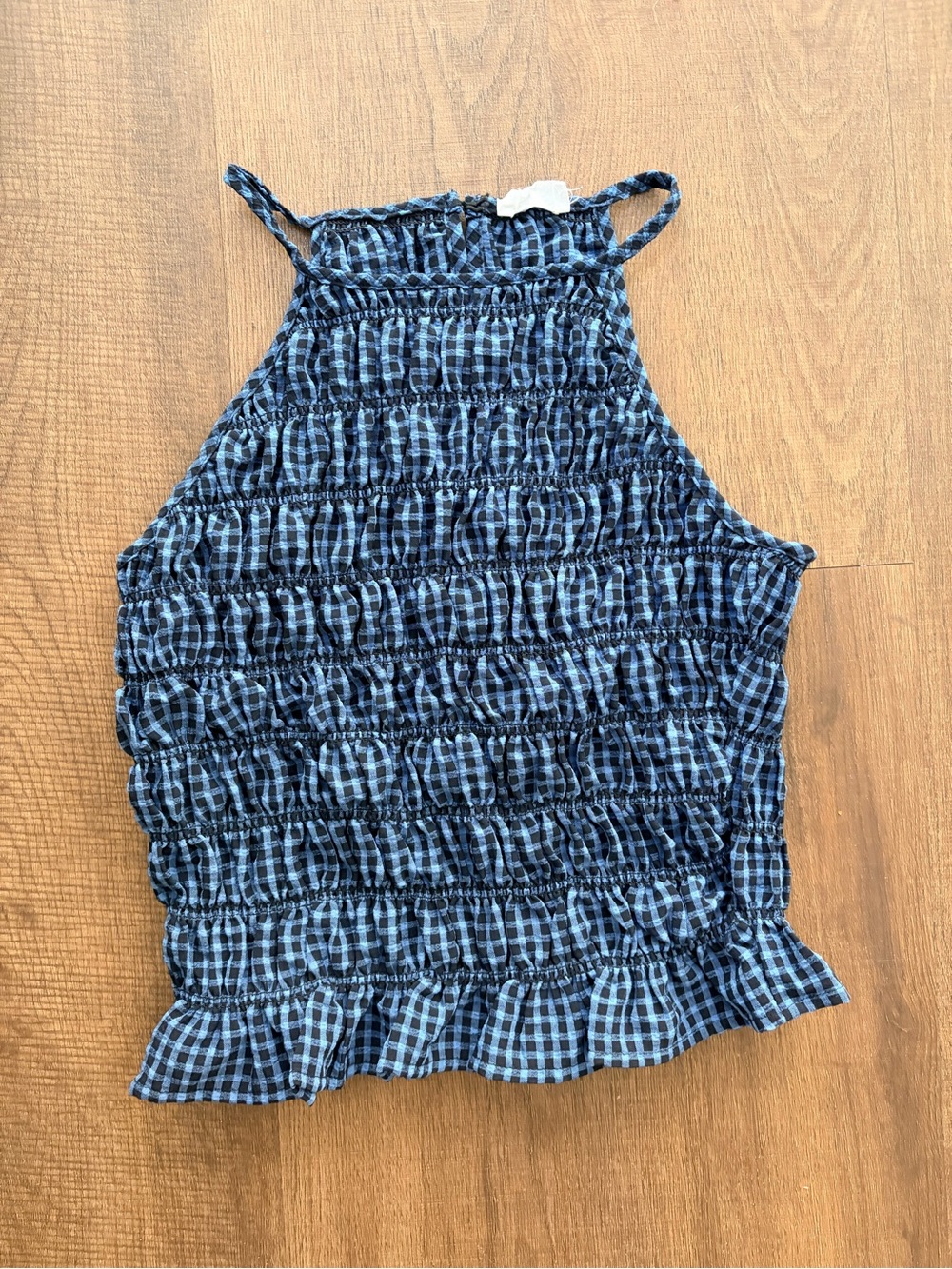 Smocked Halter Crop Top in Navy Plaid